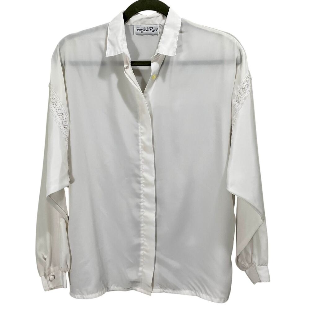 Vintage 90s Button-Up Top White Semi-Sheer Collared English Rose with Lace Trim